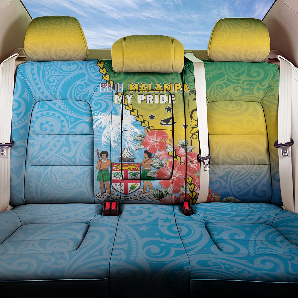 Malampa Fiji Day Back Car Seat Cover Tribal Pattern With Tropical Flowers - Polynesian Pride