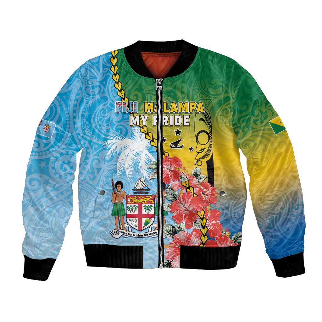 Personalised Malampa Fiji Day Bomber Jacket Tribal Pattern With Tropical Flowers - Polynesian Pride