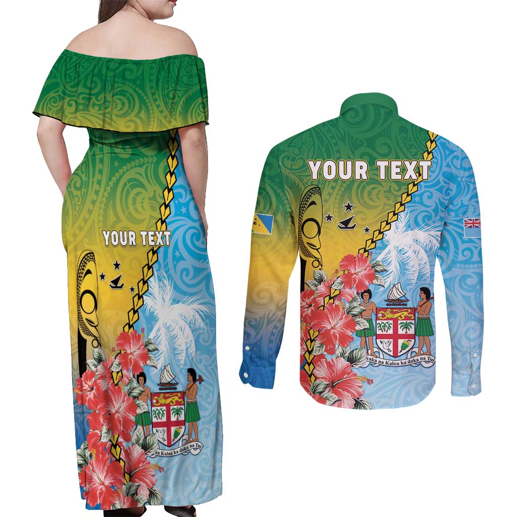 Personalised Malampa Fiji Day Couples Matching Off Shoulder Maxi Dress and Long Sleeve Button Shirt Tribal Pattern With Tropical Flowers - Polynesian Pride