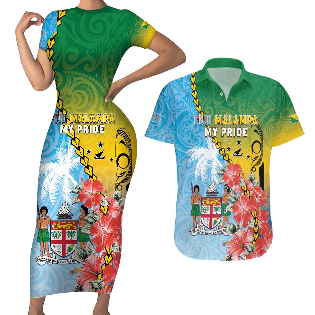 Personalised Malampa Fiji Day Couples Matching Short Sleeve Bodycon Dress and Hawaiian Shirt Tribal Pattern With Tropical Flowers - Polynesian Pride