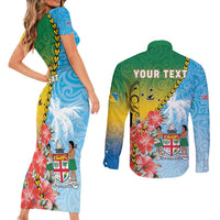 Personalised Malampa Fiji Day Couples Matching Short Sleeve Bodycon Dress and Long Sleeve Button Shirt Tribal Pattern With Tropical Flowers - Polynesian Pride