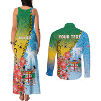 Personalised Malampa Fiji Day Couples Matching Tank Maxi Dress and Long Sleeve Button Shirt Tribal Pattern With Tropical Flowers - Polynesian Pride