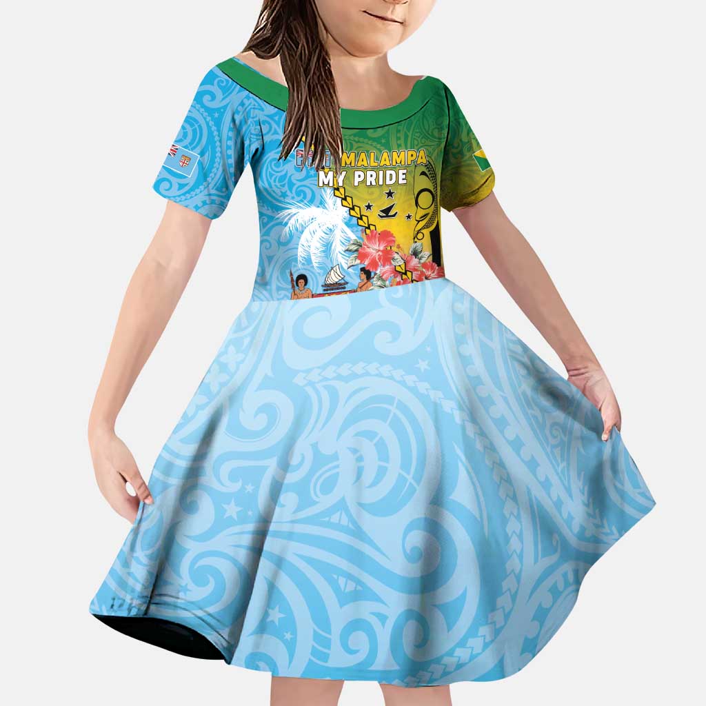 Personalised Malampa Fiji Day Family Matching Puletasi and Hawaiian Shirt Tribal Pattern With Tropical Flowers LT05 Daughter's Dress Colorful - Polynesian Pride