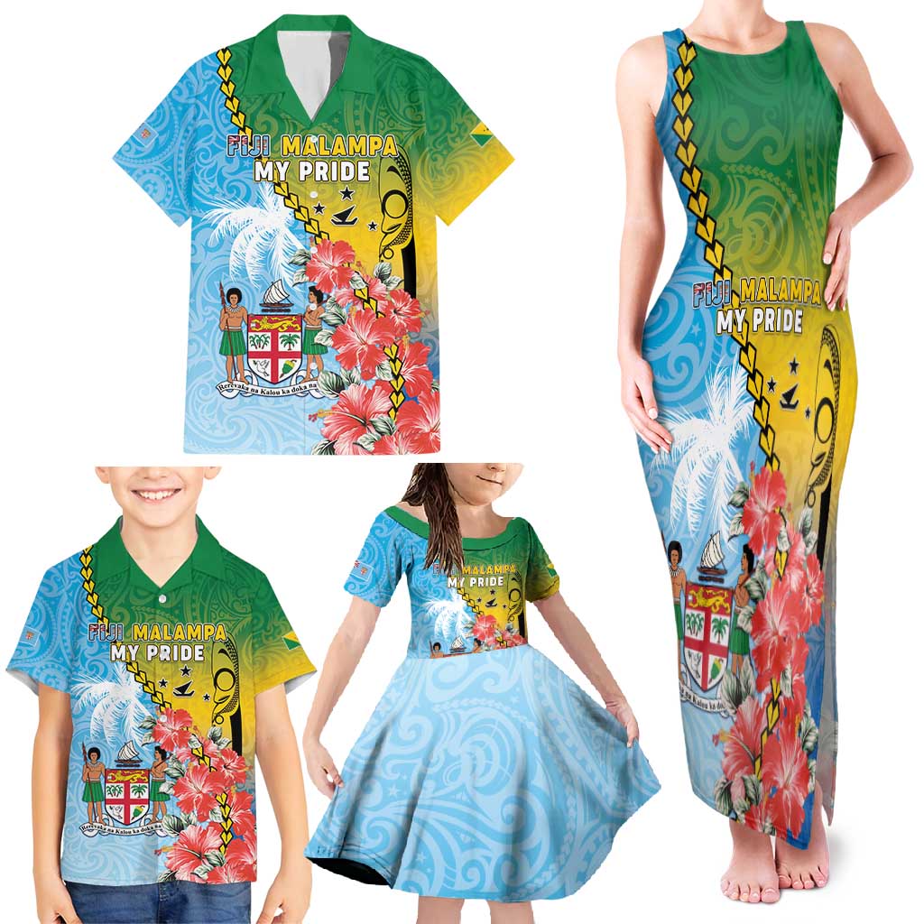 Personalised Malampa Fiji Day Family Matching Tank Maxi Dress and Hawaiian Shirt Tribal Pattern With Tropical Flowers - Polynesian Pride