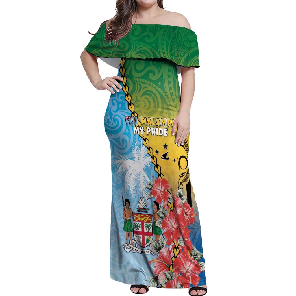 Personalised Malampa Fiji Day Off Shoulder Maxi Dress Tribal Pattern With Tropical Flowers - Polynesian Pride