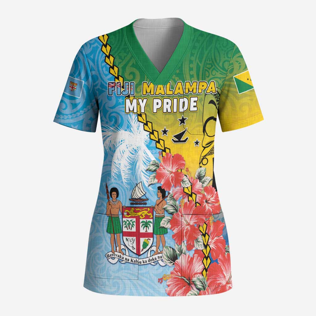 Personalised Malampa Fiji Day Scrub Top Tribal Pattern With Tropical Flowers - Polynesian Pride