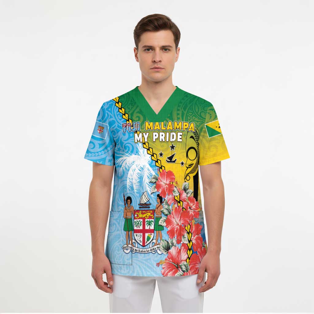 Personalised Malampa Fiji Day Scrub Top Tribal Pattern With Tropical Flowers - Polynesian Pride