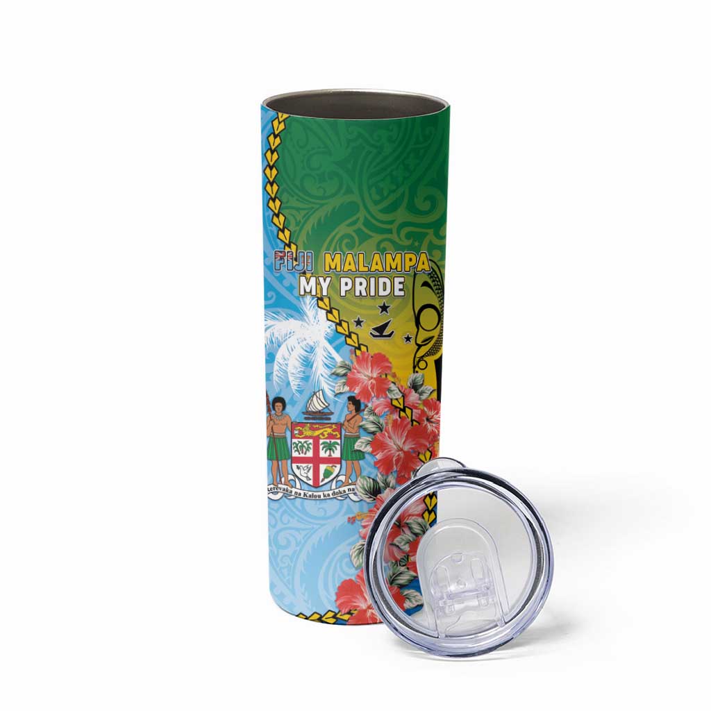 Personalised Malampa Fiji Day Skinny Tumbler Tribal Pattern With Tropical Flowers - Polynesian Pride