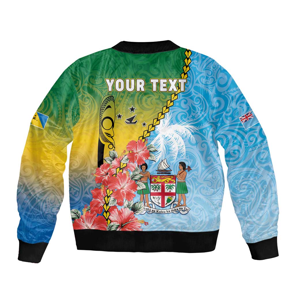 Personalised Malampa Fiji Day Sleeve Zip Bomber Jacket Tribal Pattern With Tropical Flowers - Polynesian Pride