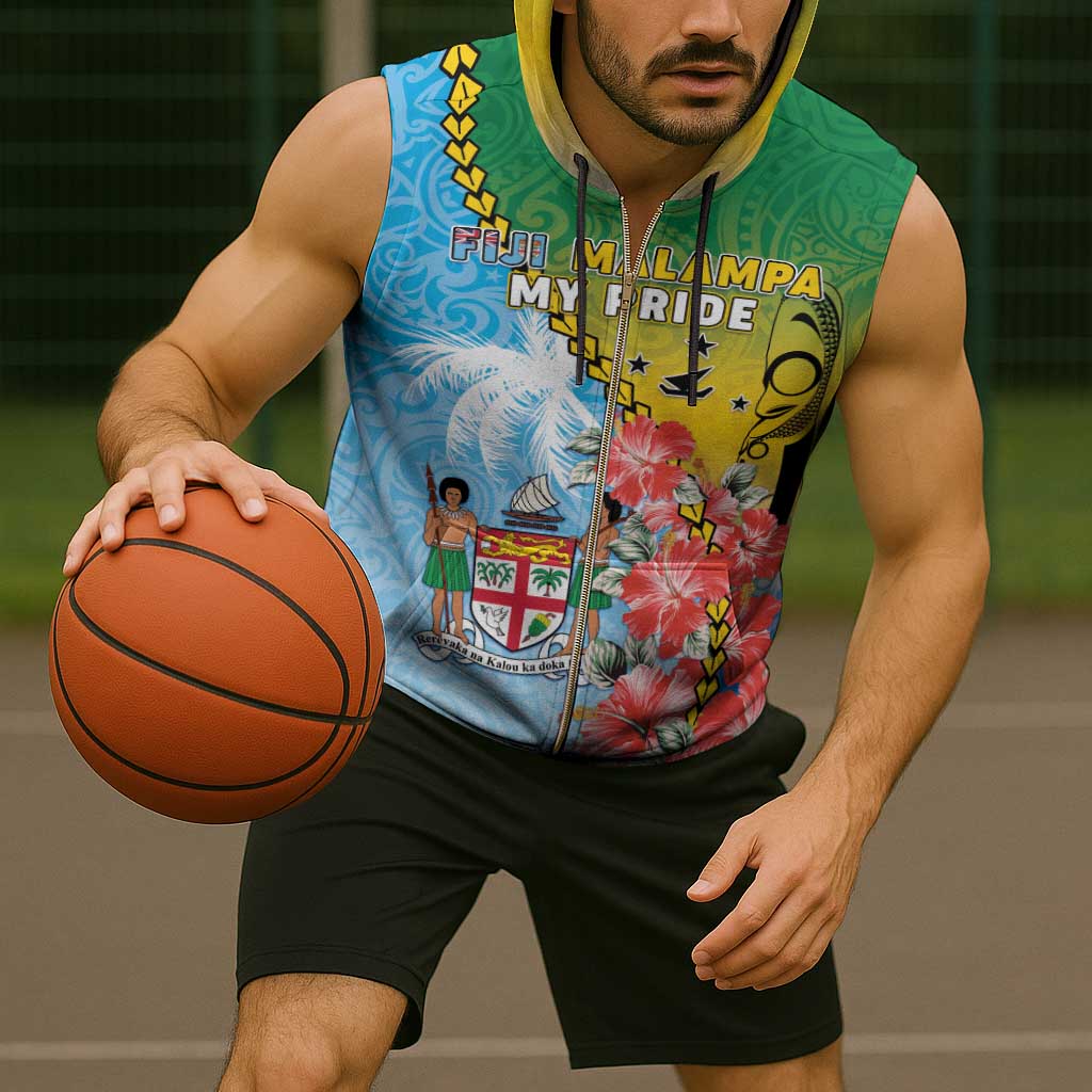 Personalised Malampa Fiji Day Sleeveless Zip Hoodie Tribal Pattern With Tropical Flowers - Polynesian Pride