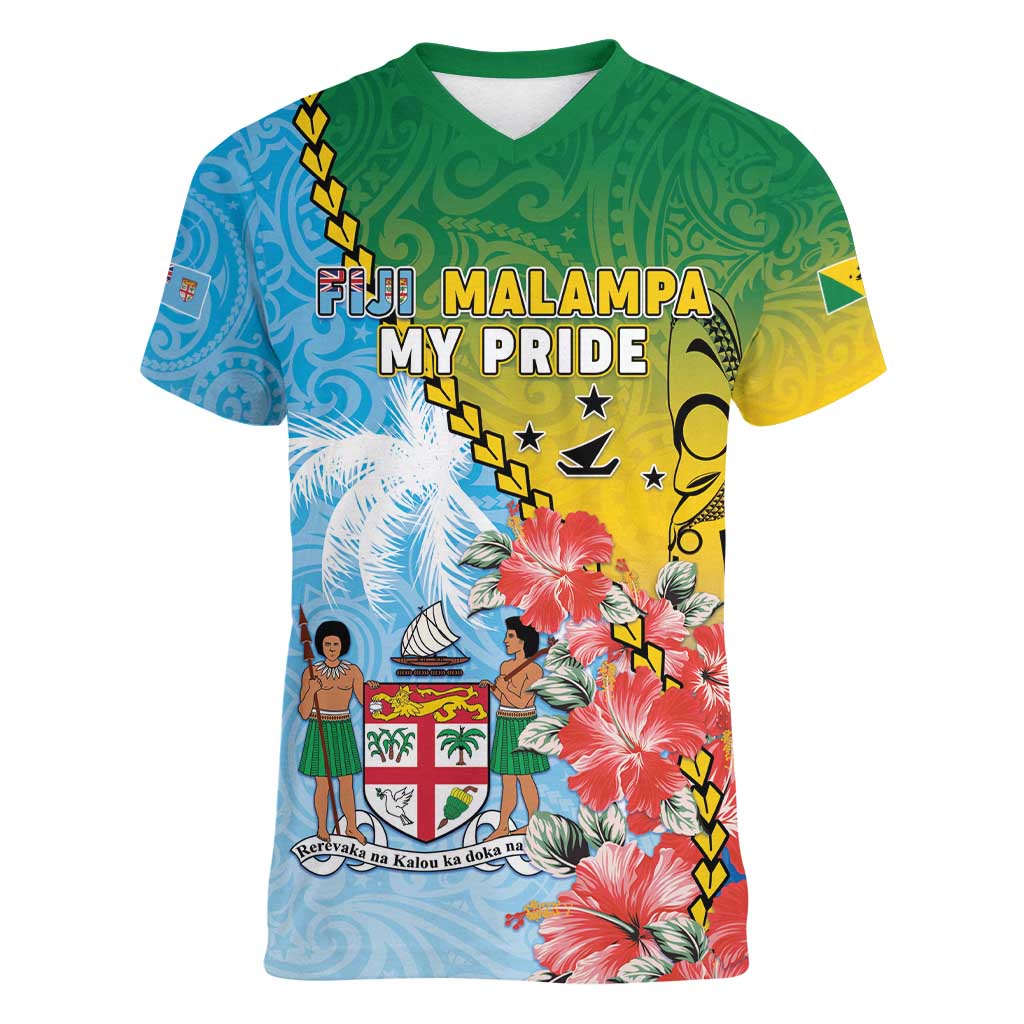 Personalised Malampa Fiji Day Women V-Neck T-Shirt Tribal Pattern With Tropical Flowers - Polynesian Pride