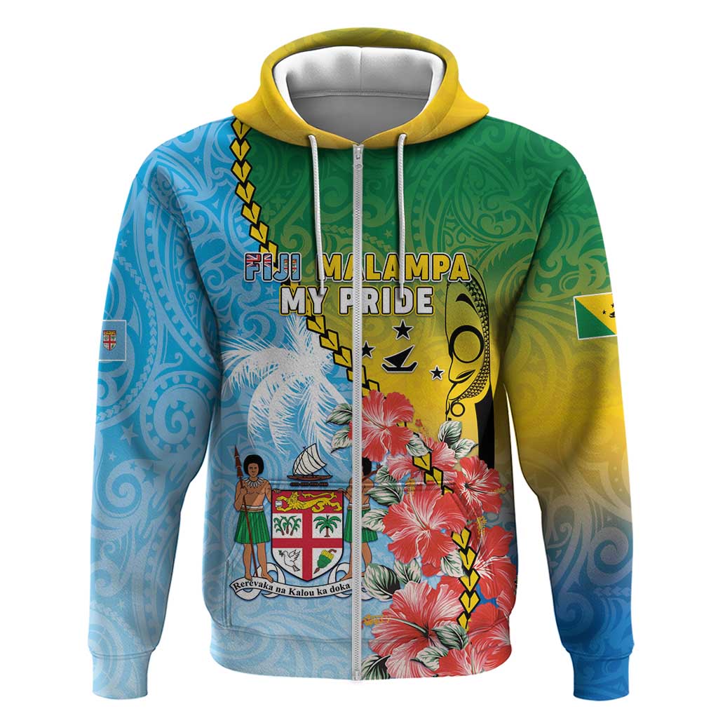 Personalised Malampa Fiji Day Zip Hoodie Tribal Pattern With Tropical Flowers - Polynesian Pride