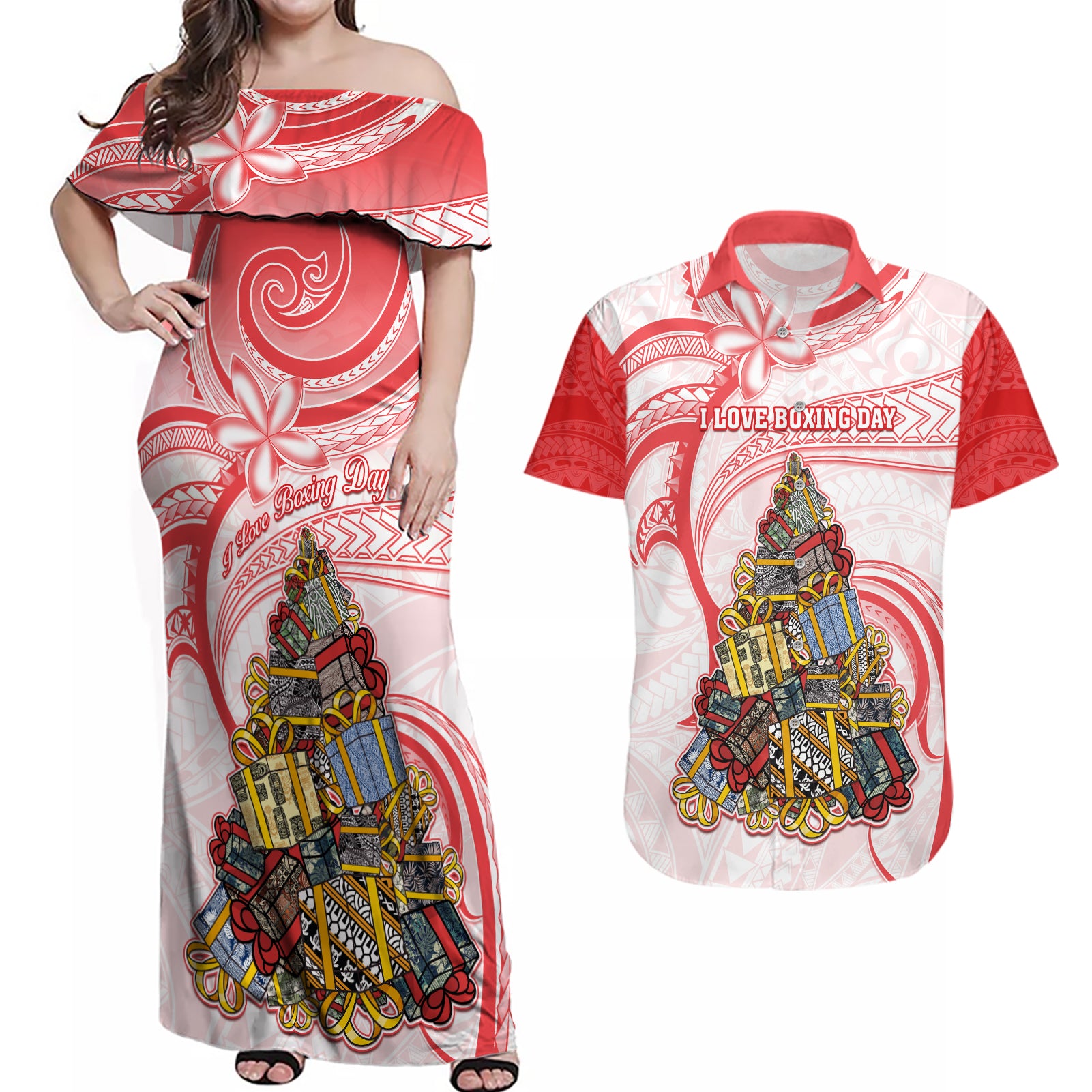 Personalized Happy Boxing Day Couples Matching Off Shoulder Maxi Dress and Hawaiian Shirt Polynesian Gift Boxes Christmas Tree LT05 Red - Polynesian Pride