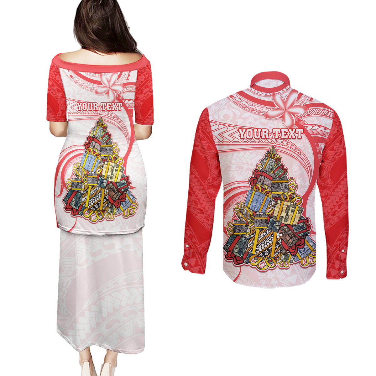 Personalized Happy Boxing Day Couples Matching Puletasi Dress and Long Sleeve Button Shirts Polynesian Gift Boxes Christmas Tree LT05 - Polynesian Pride