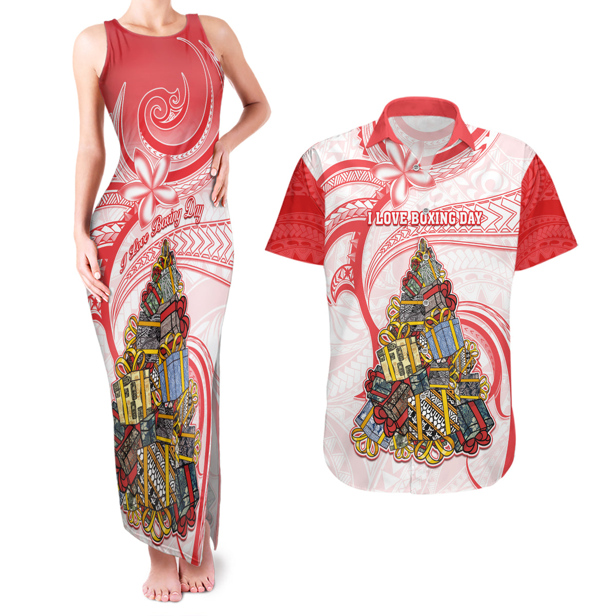 Personalized Happy Boxing Day Couples Matching Tank Maxi Dress and Hawaiian Shirt Polynesian Gift Boxes Christmas Tree LT05 Red - Polynesian Pride