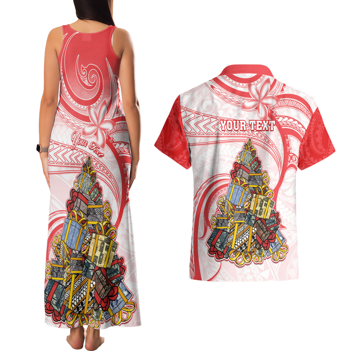Personalized Happy Boxing Day Couples Matching Tank Maxi Dress and Hawaiian Shirt Polynesian Gift Boxes Christmas Tree LT05 - Polynesian Pride
