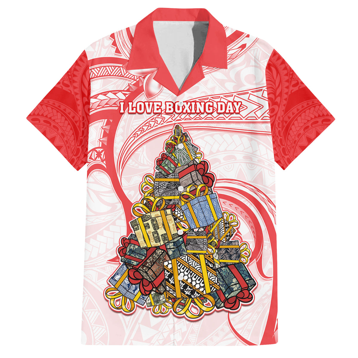 Personalized Happy Boxing Day Family Matching Off Shoulder Maxi Dress and Hawaiian Shirt Polynesian Gift Boxes Christmas Tree LT05 Dad's Shirt - Short Sleeve Red - Polynesian Pride