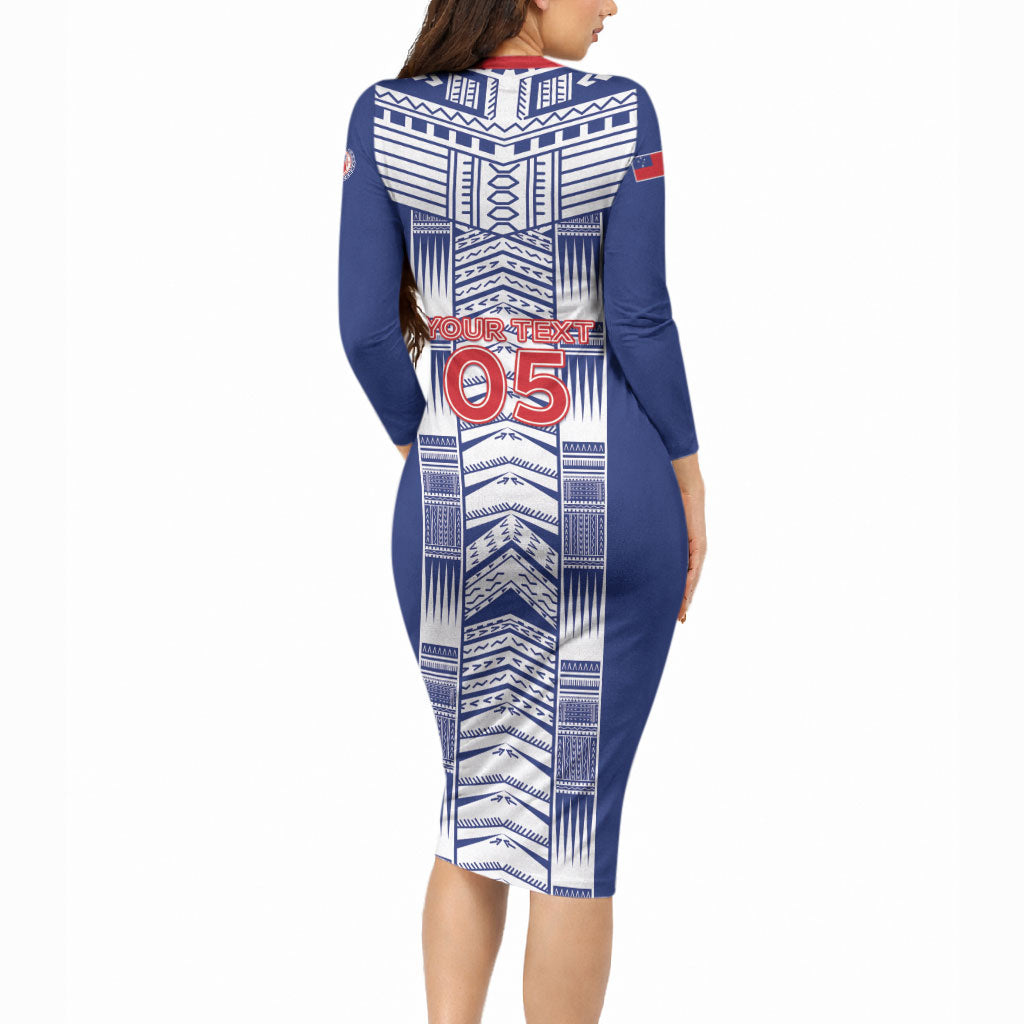 Custom Rugby Toa Samoa Long Sleeve Bodycon Dress Samoan Tatau Blue Version LT05 - Polynesian Pride
