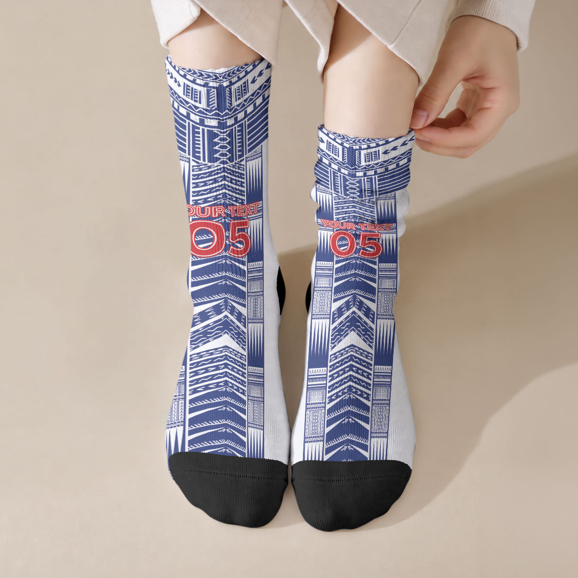 Custom Rugby Toa Samoa Crew Socks Samoan Tatau White Version LT05 Crew Socks White - Polynesian Pride