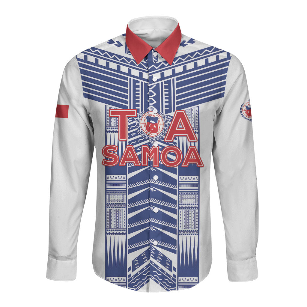 Custom Rugby Toa Samoa Long Sleeve Button Shirt Samoan Tatau White Version LT05 Unisex White - Polynesian Pride