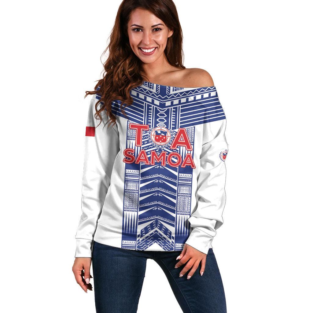 Custom Rugby Toa Samoa Off Shoulder Sweater Samoan Tatau White Version LT05 Women White - Polynesian Pride