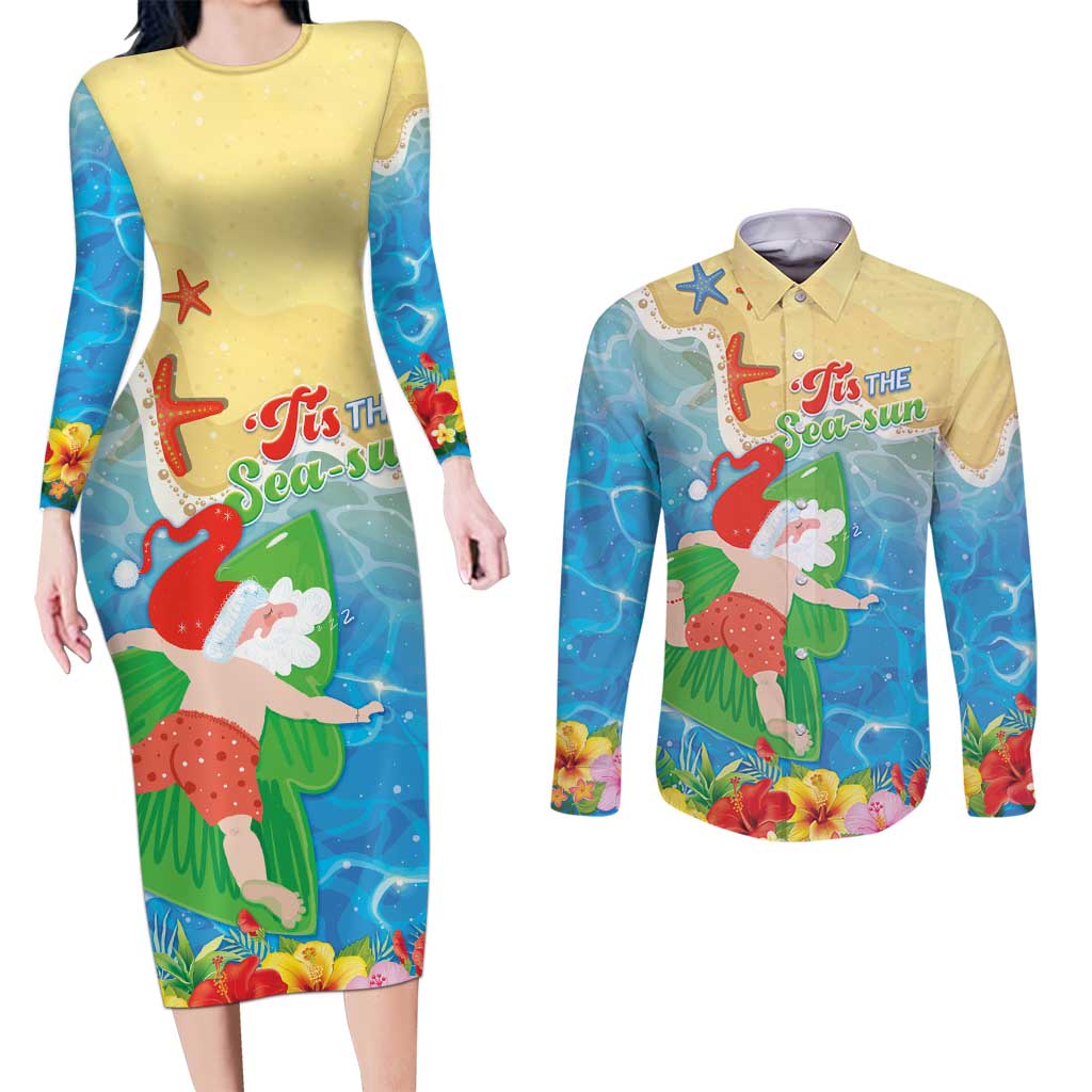 Christmas In Hawaii Couples Matching Long Sleeve Bodycon Dress and Long Sleeve Button Shirt Tis The Sea Sun