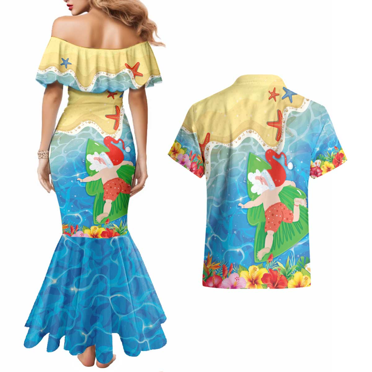 Christmas In Hawaii Couples Matching Mermaid Dress and Hawaiian Shirt Tis The Sea Sun LT05 - Polynesian Pride
