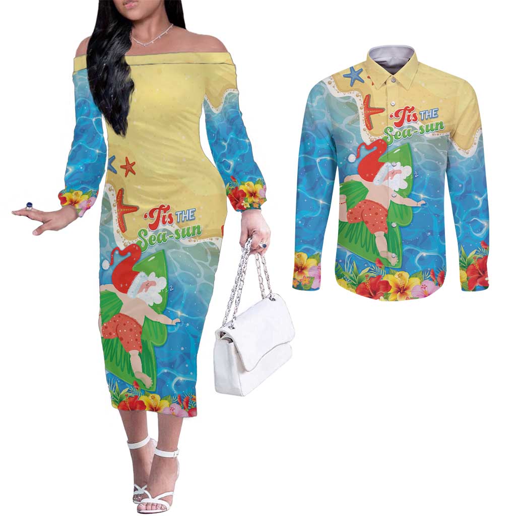 Christmas In Hawaii Couples Matching Off The Shoulder Long Sleeve Dress and Long Sleeve Button Shirt Tis The Sea Sun