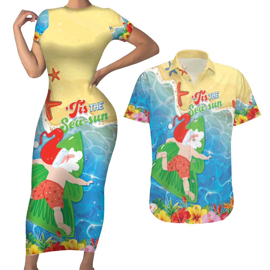 Christmas In Hawaii Couples Matching Short Sleeve Bodycon Dress and Hawaiian Shirt Tis The Sea Sun