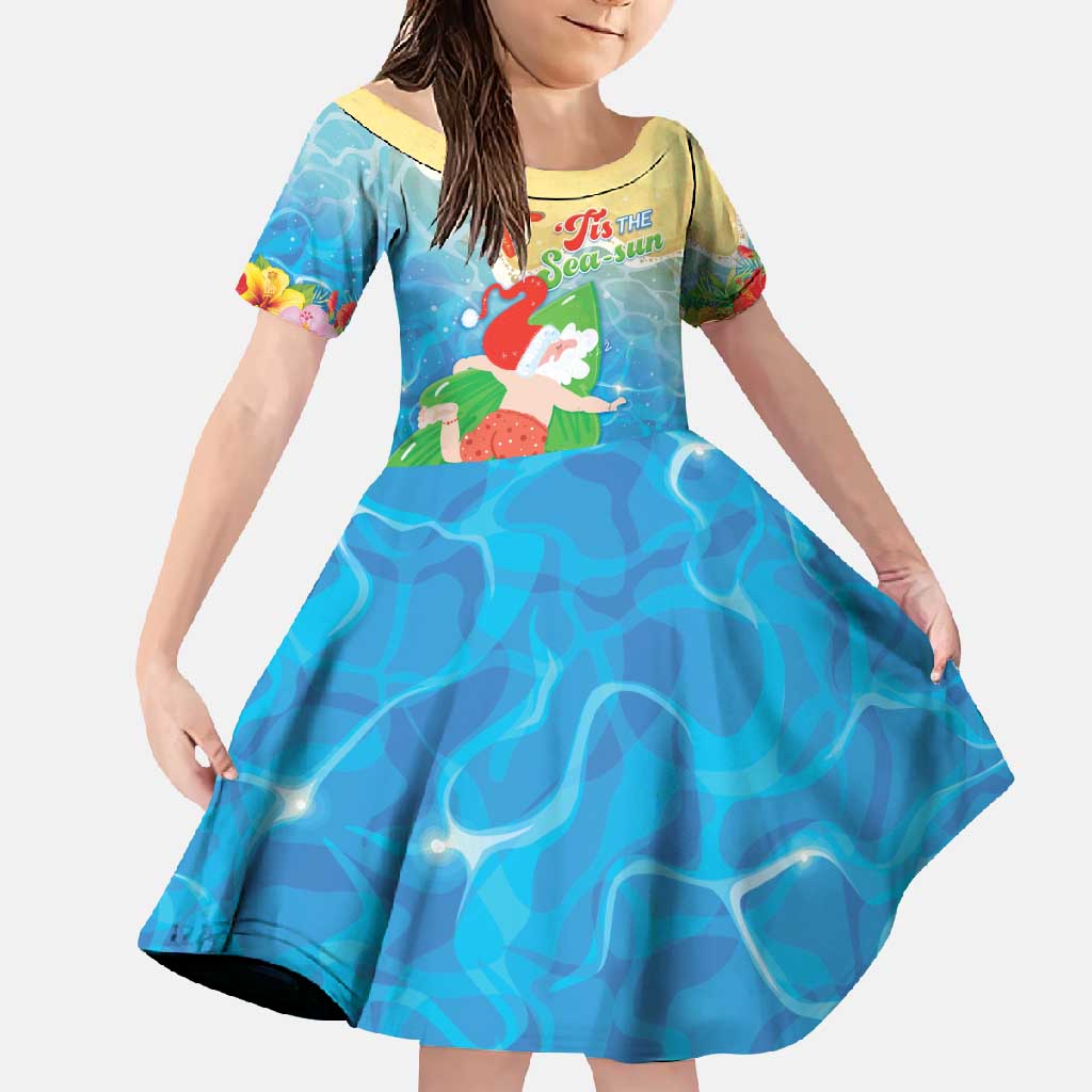Christmas In Hawaii Family Matching Long Sleeve Bodycon Dress and Hawaiian Shirt Tis The Sea Sun LT05 Daughter's Dress Blue - Polynesian Pride