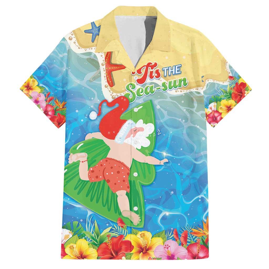 Christmas In Hawaii Family Matching Long Sleeve Bodycon Dress and Hawaiian Shirt Tis The Sea Sun LT05 Dad's Shirt - Short Sleeve Blue - Polynesian Pride