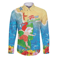 Christmas In Hawaii Family Matching Long Sleeve Bodycon Dress and Hawaiian Shirt Tis The Sea Sun LT05 Dad's Shirt - Long Sleeve Blue - Polynesian Pride