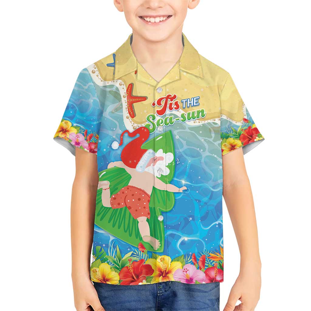 Christmas In Hawaii Family Matching Long Sleeve Bodycon Dress and Hawaiian Shirt Tis The Sea Sun LT05 Son's Shirt Blue - Polynesian Pride
