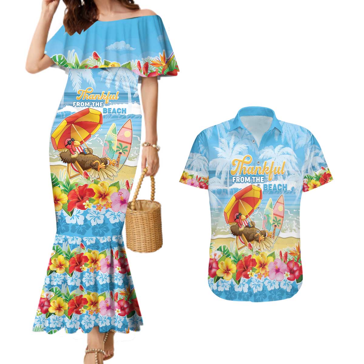 Personalised Hawaii Funny Thanksgiving Couples Matching Mermaid Dress and Hawaiian Shirt Thankful From The Beach