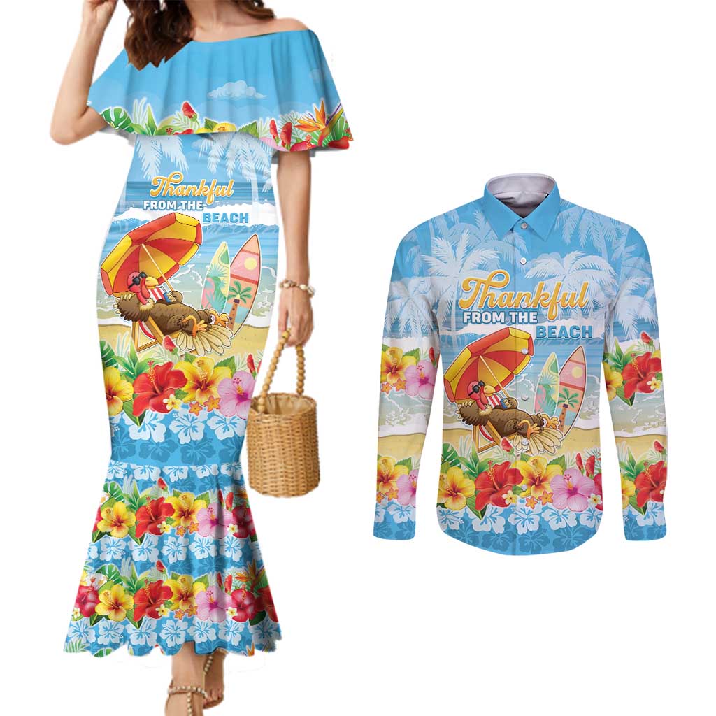 Personalised Hawaii Funny Thanksgiving Couples Matching Mermaid Dress and Long Sleeve Button Shirt Thankful From The Beach