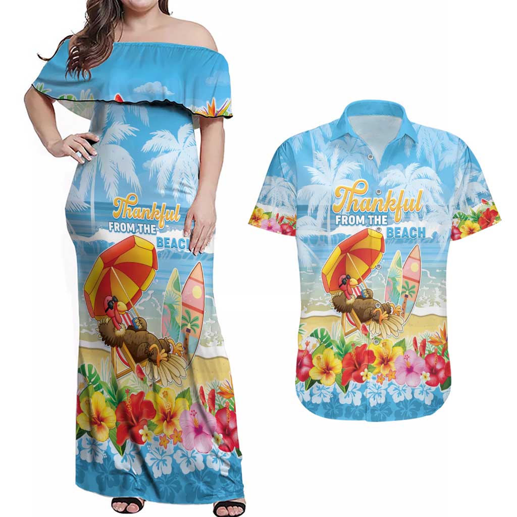 Personalised Hawaii Funny Thanksgiving Couples Matching Off Shoulder Maxi Dress and Hawaiian Shirt Thankful From The Beach