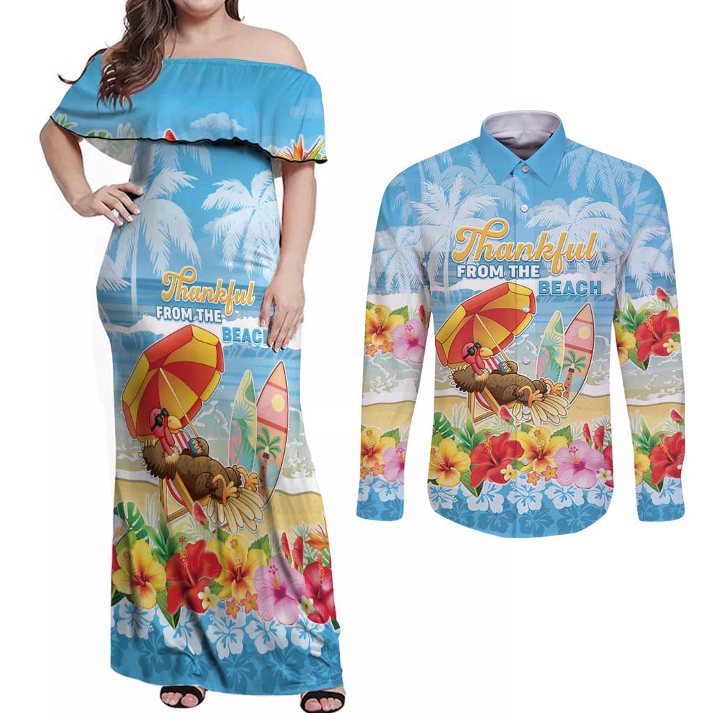 Personalised Hawaii Funny Thanksgiving Couples Matching Off Shoulder Maxi Dress and Long Sleeve Button Shirt Thankful From The Beach