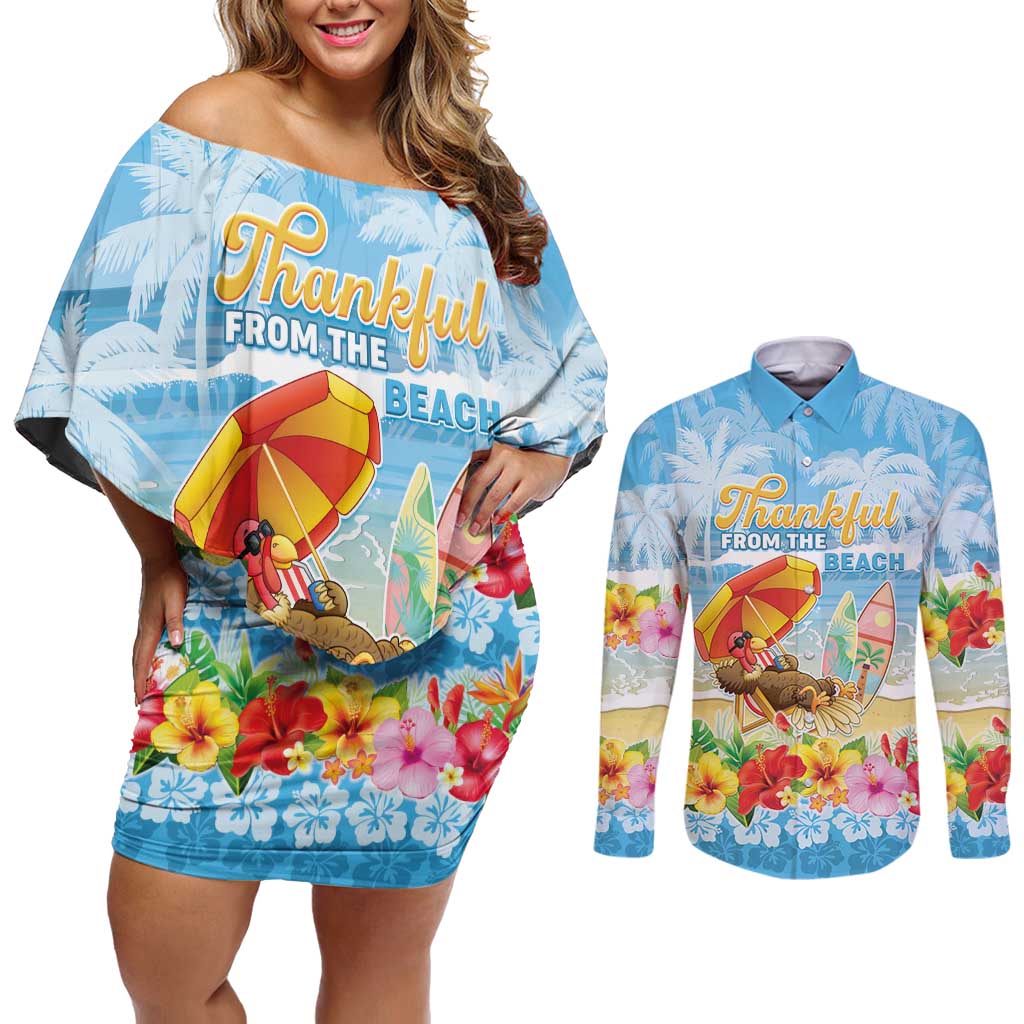 Personalised Hawaii Funny Thanksgiving Couples Matching Off Shoulder Short Dress and Long Sleeve Button Shirt Thankful From The Beach