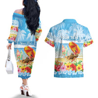 Personalised Hawaii Funny Thanksgiving Couples Matching Off The Shoulder Long Sleeve Dress and Hawaiian Shirt Thankful From The Beach LT05 - Polynesian Pride