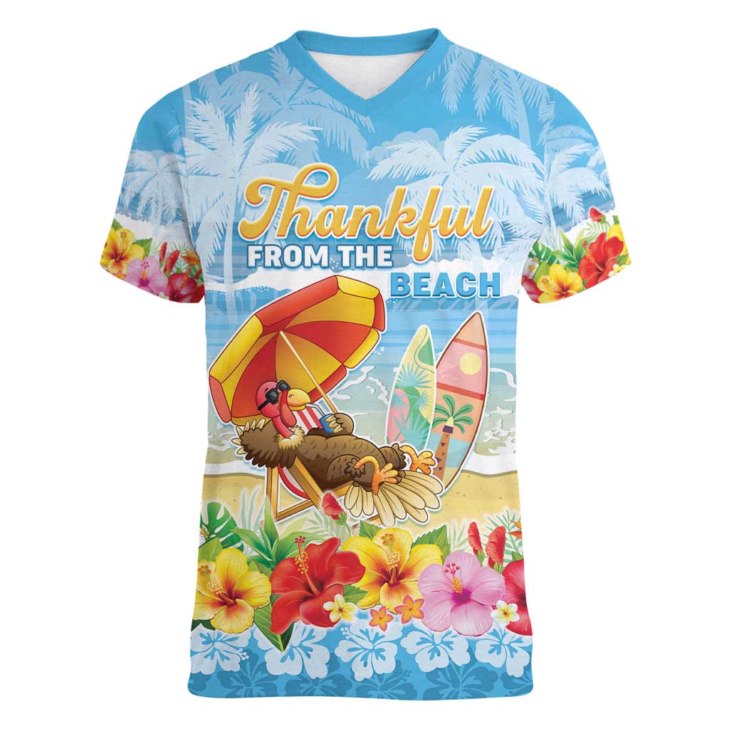 Personalised Hawaii Funny Thanksgiving Women V-Neck T-Shirt Thankful From The Beach