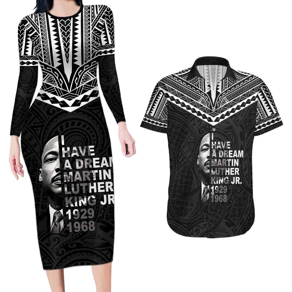 American Samoa MLK Day Couples Matching Long Sleeve Bodycon Dress and Hawaiian Shirt Polynesian Style