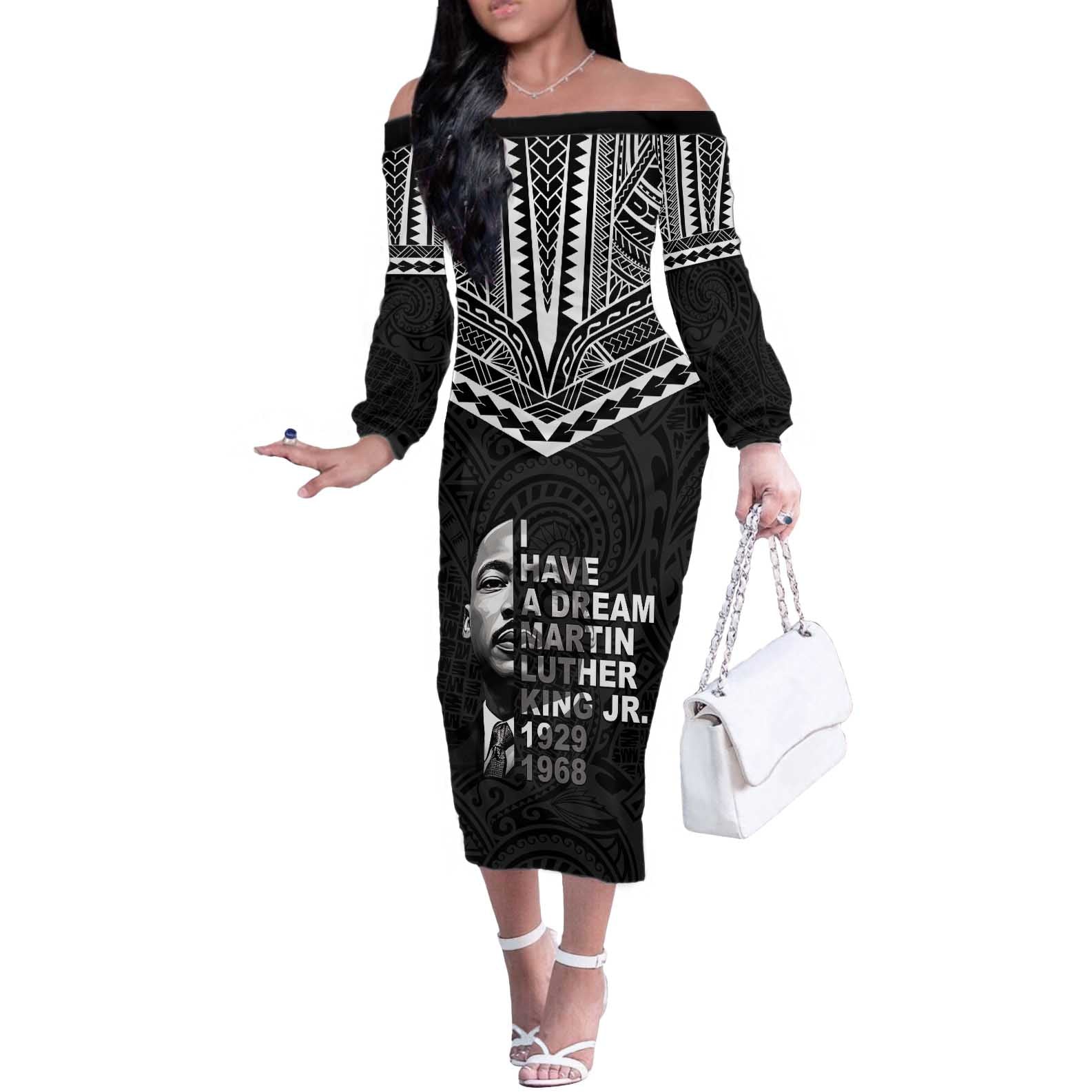 American Samoa MLK Day Off The Shoulder Long Sleeve Dress Polynesian Style