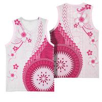 Bula Fiji Basketball Jersey Pink Plumeria Masi Tapa Pattern - Polynesian Pride