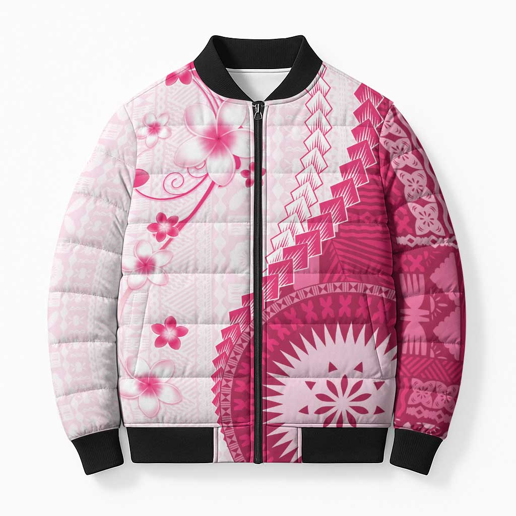 Bula Fiji Bomber Puffer Jacket Pink Plumeria Masi Tapa Pattern - Polynesian Pride