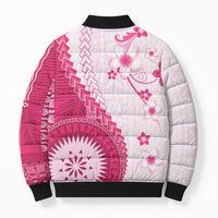 Bula Fiji Bomber Puffer Jacket Pink Plumeria Masi Tapa Pattern - Polynesian Pride