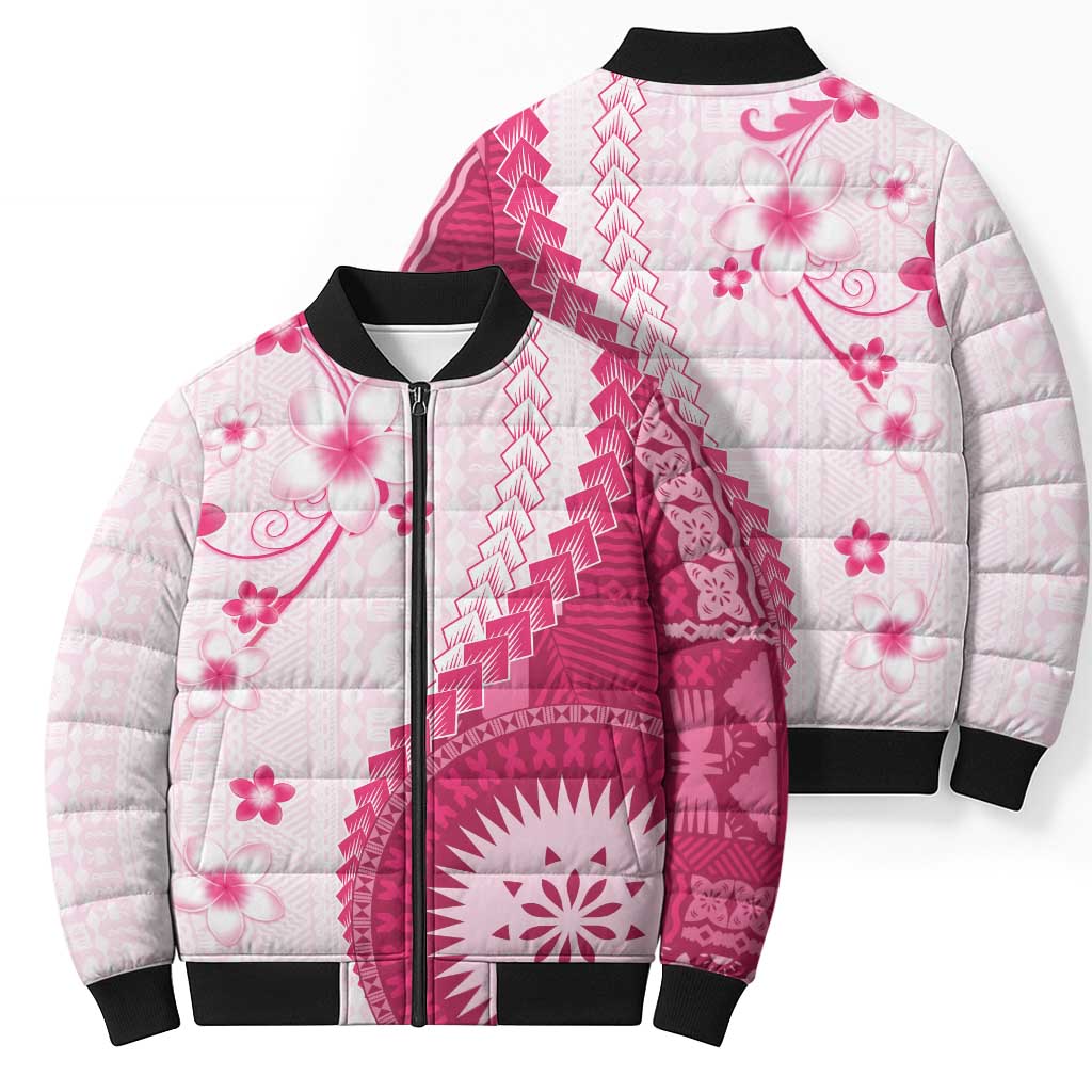 Bula Fiji Bomber Puffer Jacket Pink Plumeria Masi Tapa Pattern - Polynesian Pride