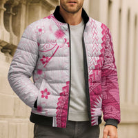 Bula Fiji Bomber Puffer Jacket Pink Plumeria Masi Tapa Pattern - Polynesian Pride