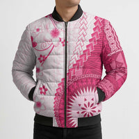 Bula Fiji Bomber Puffer Jacket Pink Plumeria Masi Tapa Pattern - Polynesian Pride
