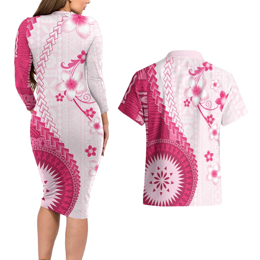 Bula Fiji Couples Matching Long Sleeve Bodycon Dress and Hawaiian Shirt Pink Plumeria Masi Tapa Pattern - Polynesian Pride