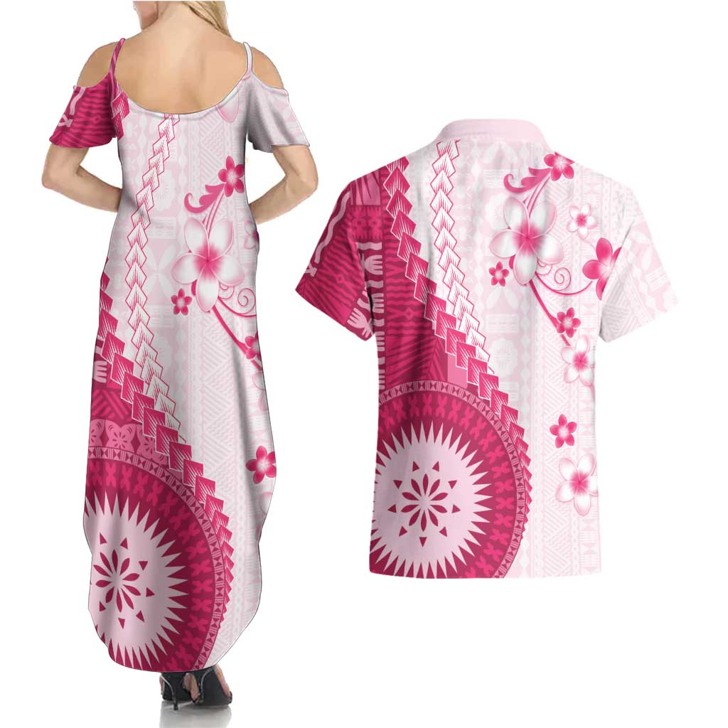 Bula Fiji Couples Matching Summer Maxi Dress and Hawaiian Shirt Pink Plumeria Masi Tapa Pattern - Polynesian Pride